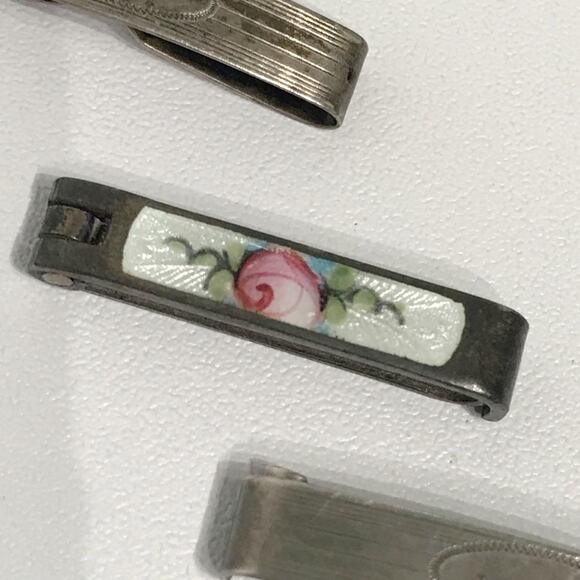 Vintage Guilloche Sterling Silver Enamel Hand Painted Rose Barrette Lot Set of 3 main image 12